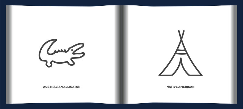 culture and civilization icon set with australian alligator, native american wigwam signs in flat outline style. linear icons for ui, web and printing