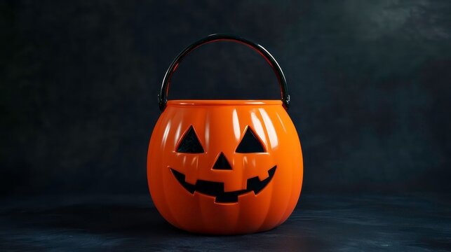 A classic orange plastic pumpkin trick or treat bucket with a black handle against a dark gray background.