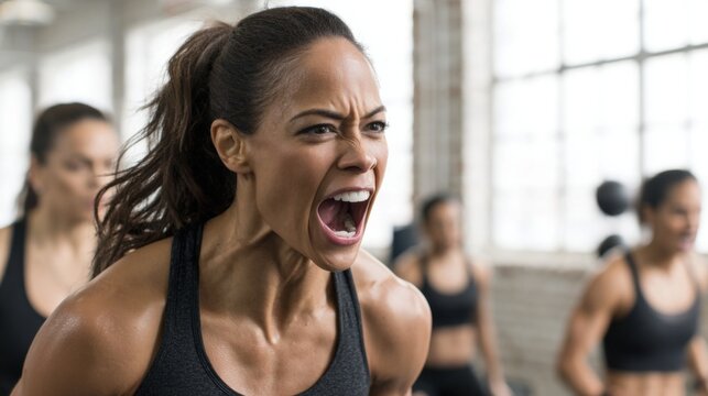 Powerful woman yelling during intense gym workout with training group. Athletic female showing strength, determination and emotional energy in modern fitness studio