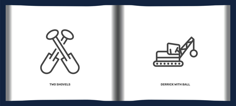 construction icon set with two shovels, derrick with ball signs in flat outline style. linear icons for ui, web and printing