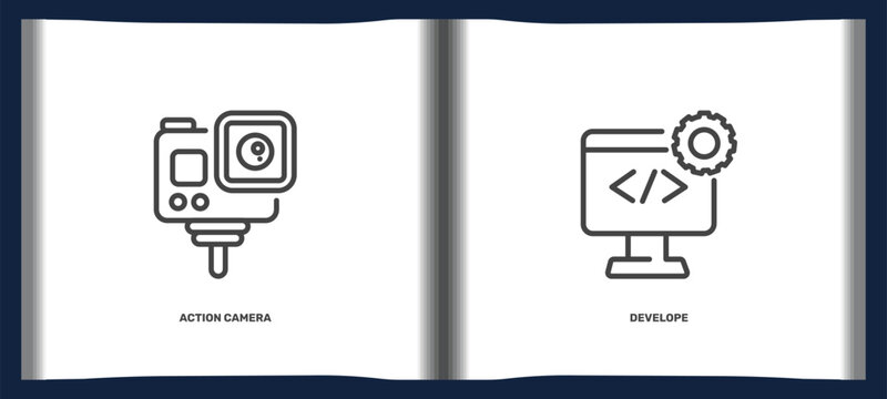 computer and tech icon set with action camera, develope signs in flat outline style. linear icons for ui, web and printing