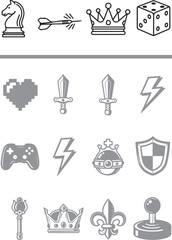 Collection of game icons and symbols including knight, dart, crown, dice, heart, sword, lightning bolt, joystick, shield, scepter, and fleur de lis © Nur