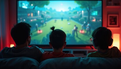 Fototapeta premium Three people watch action on big screen TV. Two boys and one man sit on sofa, play video game together. Enjoying leisure time indoors with digital entertainment.