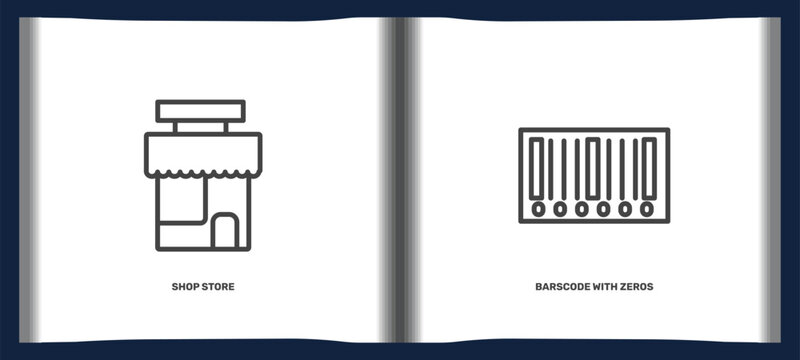 commerce and marketing icon set with shop store, barscode with zeros signs in flat outline style. linear icons for ui, web and printing
