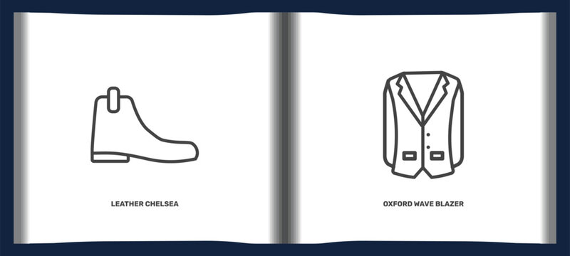 clothes and outfit icon set with leather chelsea boots, oxford wave blazer signs in flat outline style. linear icons for ui, web and printing