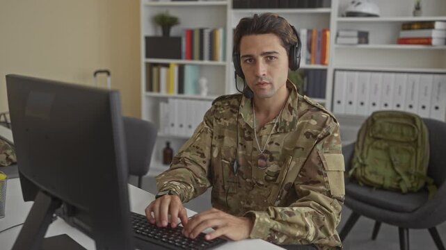 Soldier man typing with headset, hands on keyboard and dog tags visible while using a desktop computer at a desk with bookshelves and a backpack in an office building; duty.