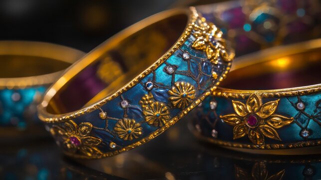 Close-up of three gold and blue bangles with intricate floral designs and sparkling gemstones.