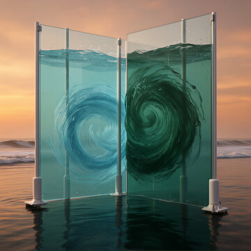 Salinity Gradient Energy Concept at Sunset, Blue and Green Water Swirls in Glass Interface, Sustainable Power Technology, Marangoni Effect Visualization in Estuary Plant