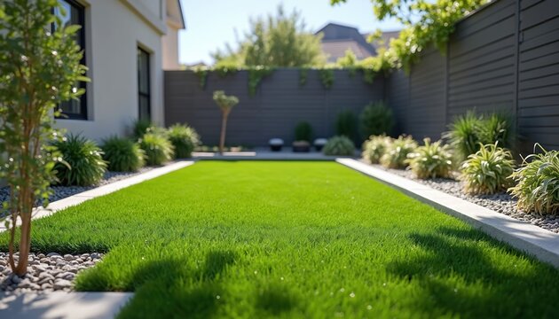 Modern home backyard with perfect green artificial turf lawn. Landscaped garden features plants, stones, and grey fence. White house exterior shows clean design lines. Sunny day creates nice shadows.