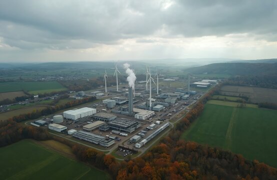 Aerial view of industrial complex with wind turbines and smoking chimney. Factory buildings and processing plants sit near green fields and autumn trees in Sauerland, Germany.
