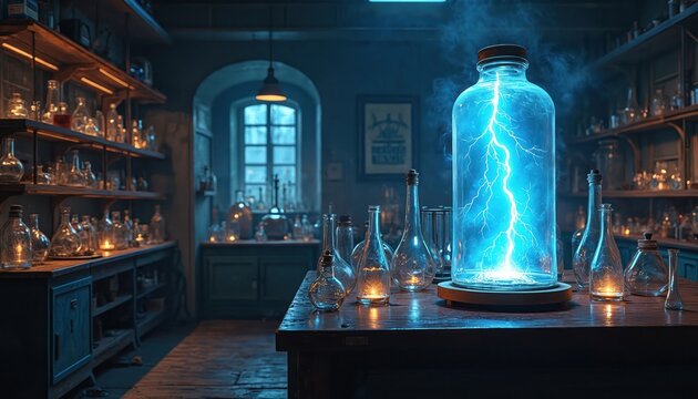 Vintage lab with glass jars, beakers, flasks. Large jar holds blue lightning bolt creating bright energy. Scientific equipment fills shelves, tables, creating mysterious, old-fashioned atmosphere.