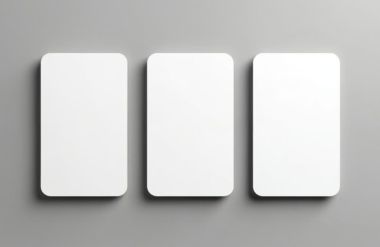 Three blank rounded edge cards stand side by side on a clean gray backdrop. These empty white cards are perfect for your custom designs, branding, or game ideas.