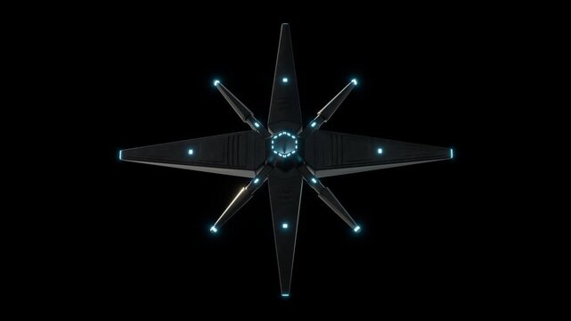 Fictional rotating eight-pointed star UAP/UFO 3D animation seamless loop with blue lights on black background