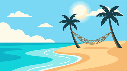 Obraz premium Relaxing Beach Scene with Hammock and Palm Trees Under Sunny Skies.
