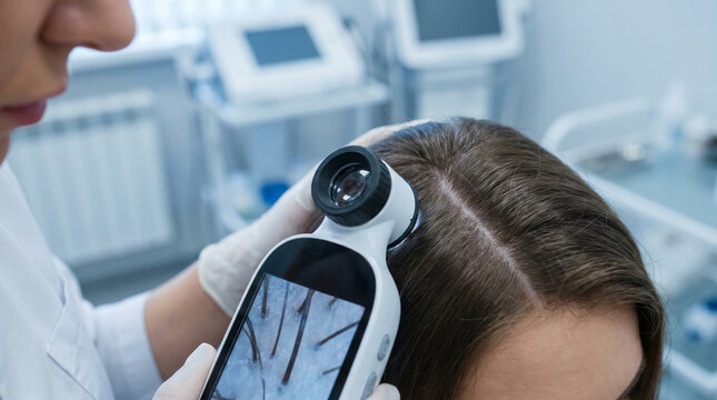 Dermatologist examining patient scalp with digital trichoscope