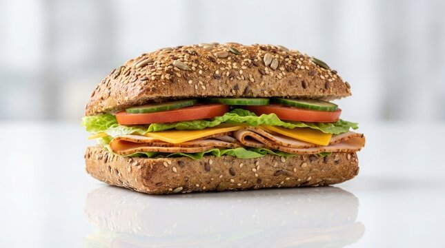 Close up of a multigrain turkey and cheddar sandwich with fresh vegetables on a white surface