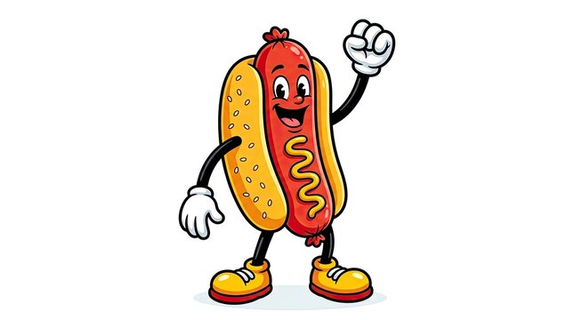 Cartoon hot dog mascot character waving vector illustration for food branding and advertising