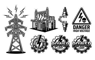 Naklejka premium Black and white vector silhouettes of electrical towers and power symbols illustration