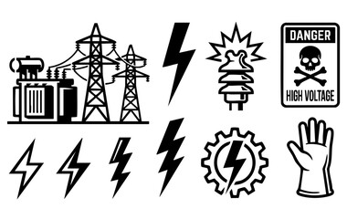 Fototapeta premium High voltage power transmission towers, electric pylons in forest landscape, energy distribution line vector, black silhouette, utility infrastructure vector illustration eps 10 
