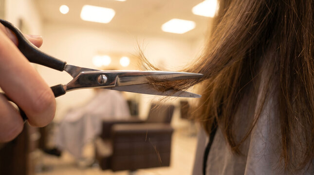 Hairdresser cutting long brown hair with professional scissors