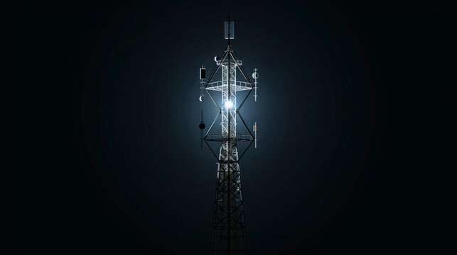 Radio transmission tower with bright electric broadcast flash at night