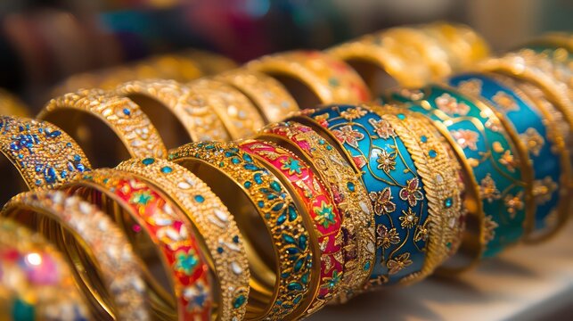A close-up of colorful bangles on display, featuring intricate designs and sparkling accents.