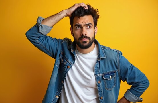 Man with beard scratches head, looking confused, questioning. He wears jeans jacket over white shirt against yellow background. Puzzled person gesture.