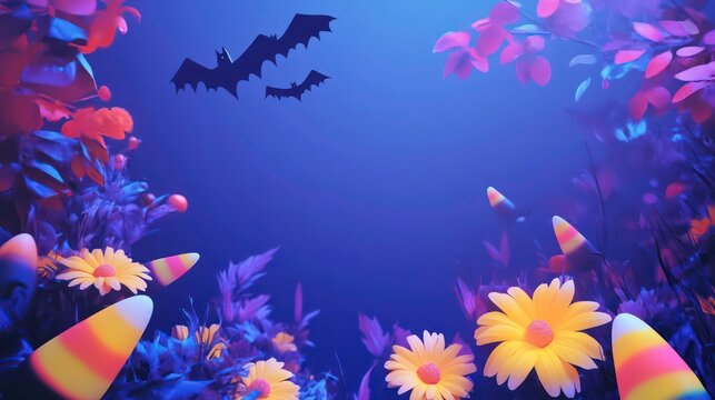 A festive Halloween background featuring candy corn and daisies against a blue night sky with bats.
