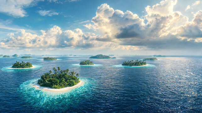 Aerial view of tropical islands archipelago with turquoise coral reefs and white sand beaches under a dramatic cloudy sky at sunset, paradise vacation and luxury travel destination concept.