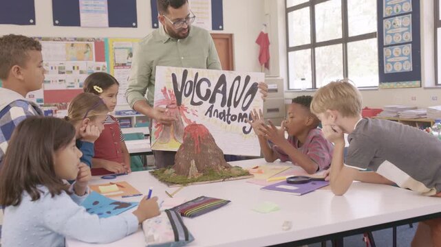 Teacher explaining volcano anatomy to elementary class