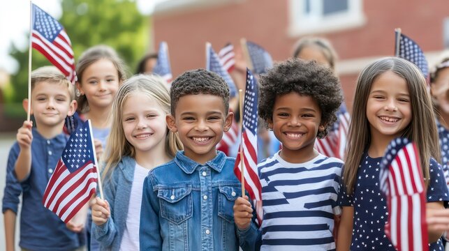 Group of diverse elementary school children smiling and holding American flags.