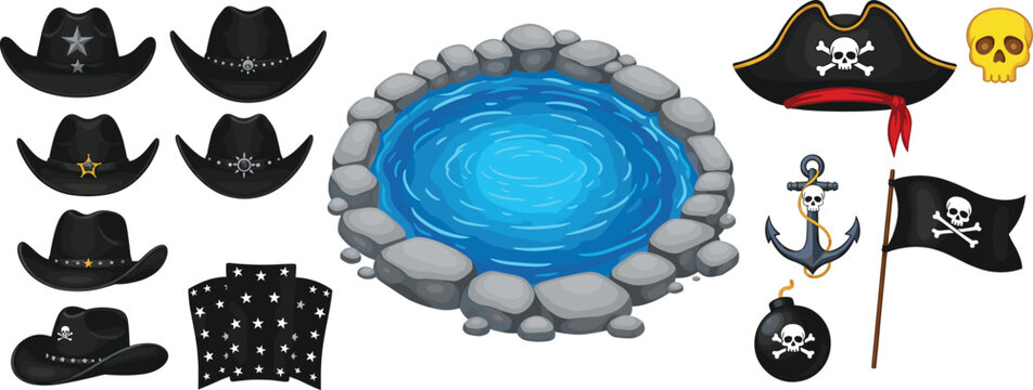 Large Vector Set Featuring Pirate Captain Hats, Cowboy Sheriff Hats, Nautical Anchor, Skull Crossbones Flag, and a Stone Water Well for Games