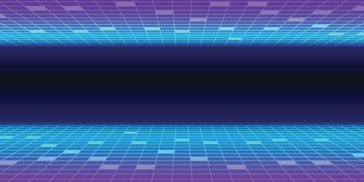 Retro Cyberpunk Neon Grid Background with Perspective Floors and Purple Blue Gradient