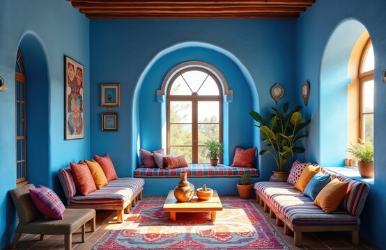 Bright blue Moroccan style living room with colorful cushions on benches. Sunlight streams through arched window illuminating patterned rug. Traditional artisanal decor creates cozy ambiance.