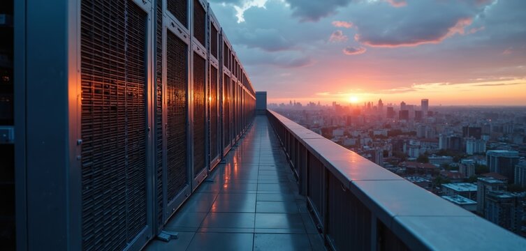 Industrial cooling towers stand in long rows on rooftop overlooking city at sunset. Equipment regulates temperature for data centers, machinery. Warm sunlight reflects off polished surfaces of units,