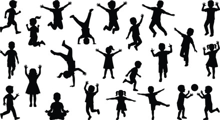 Fototapeta premium Large collection of black children silhouettes in active play poses including jumping running dancing and handstands isolated on white background