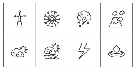 Fototapeta premium weather icon set with anemometer, snow, light bolt, deluge signs in flat outline style