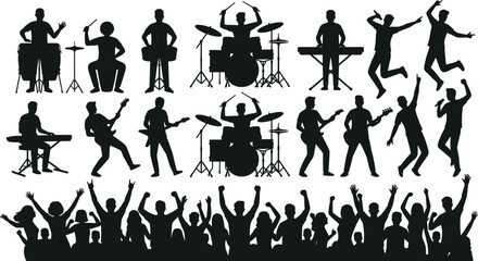 Large collection of black musical band silhouettes including drummers guitarists keyboardists singers and a cheering concert crowd isolated on white background © IconicCreations
