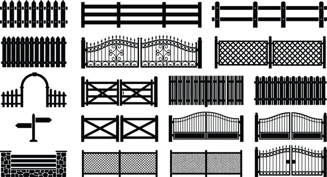 Large collection of black fence and gate silhouettes featuring wooden pickets metal wrought iron designs and farm style barriers isolated on white