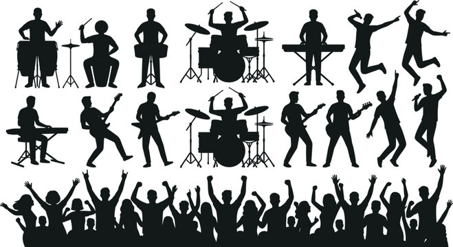 Large collection of black musical band silhouettes including drummers guitarists keyboardists singers and a cheering concert crowd isolated on white background