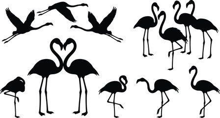Set of black flamingo silhouettes in various poses including flying standing on one leg and forming a heart shape isolated on white background © IconicCreations