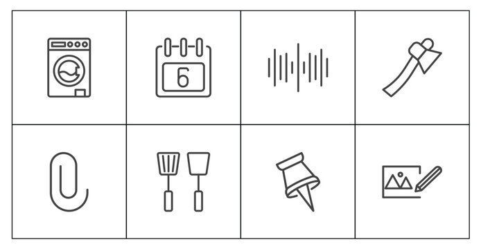 tools and utensils icon set with top load washer, calendar with six days, tack save button, edit picture signs in flat outline style