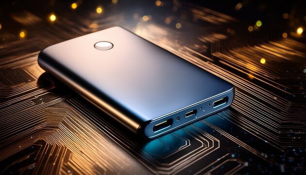 innovative power bank mockup rotating slowly showcasing its premium features against a backdrop of shimmering