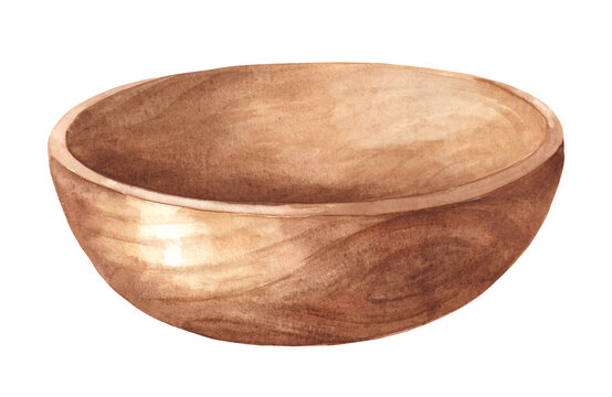 Wooden Bowl. Original Watercolor hand drawn illustration isolated on white background