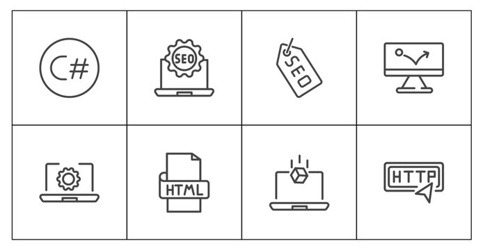 information technology icon set with c sharp, seo badge, simulation, http signs in flat outline style