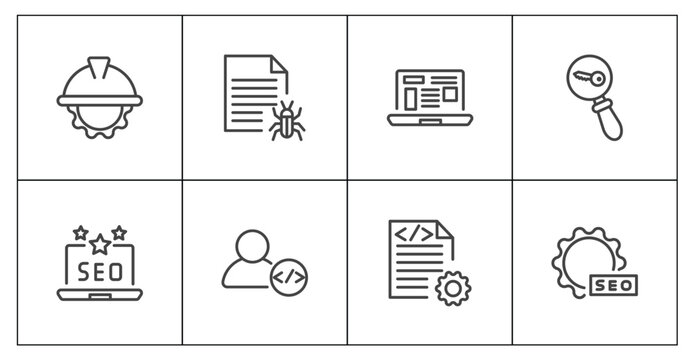 information technology icon set with engineering, bug report, compiler, image seo signs in flat outline style