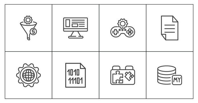 information technology icon set with seo funnel, adaptive layout, plugin, mysql signs in flat outline style