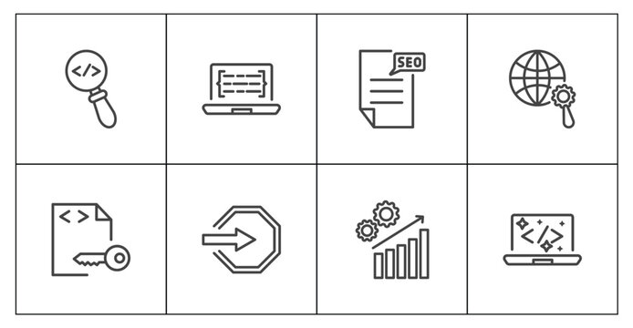 information technology icon set with code review, code listing, seo growth, clean code signs in flat outline style