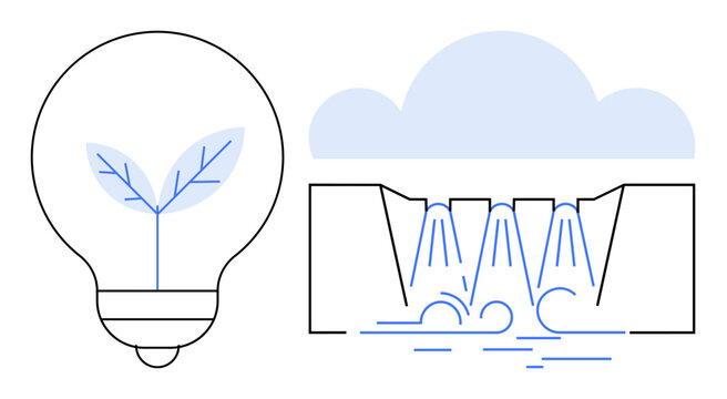 Renewable energy, sustainability, eco-friendly innovation, environmental conservation, clean energy, hydropower. Light bulb with a leaf and hydropower dam under clouds. Renewable energy