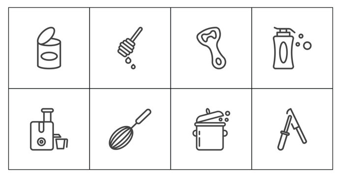 kitchen icon set with conserve, honey dipper, cooking pot, knife sharpener signs in flat outline style